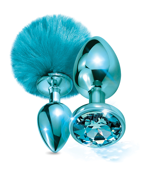 Nixie Metal Butt Plug Set w/Jewel Inlaid & Pom Pom - Blue Metallic - Image 3