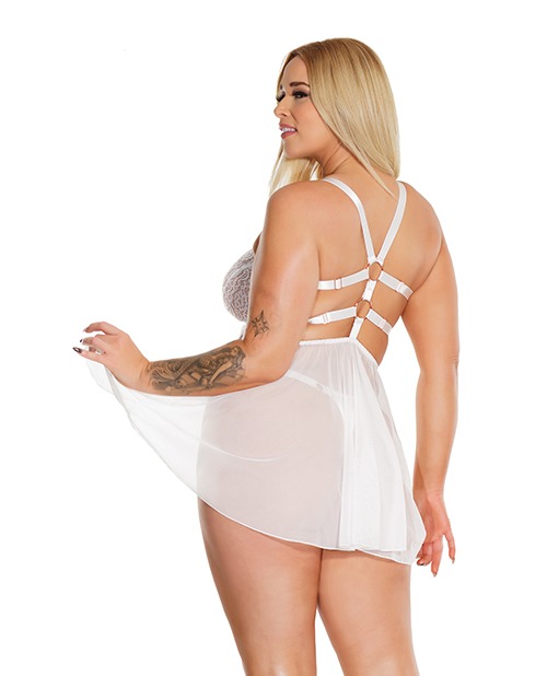 Black Label Net & Scallop Lace Babydoll w/Side Slit & Thong White OS/XL - Image 2