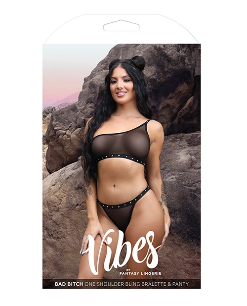 Vibes Bad Bitch One Shoulder Bling Bralette & Panty Black M/L - Image 3