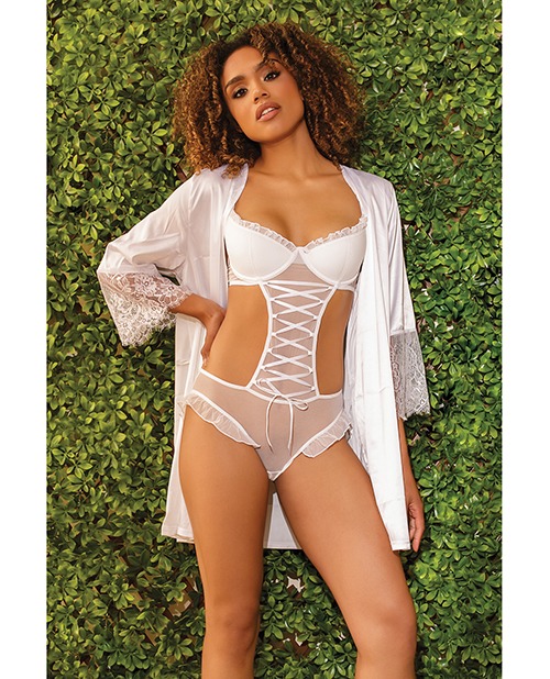 Stretch Mesh Ruffled Crotchless Teddy White LG - Image 4