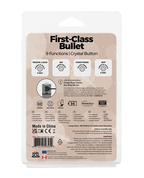 First Class Mini Rechargeable Bullet w/Crystal - 9 Functions Silver - Image 2