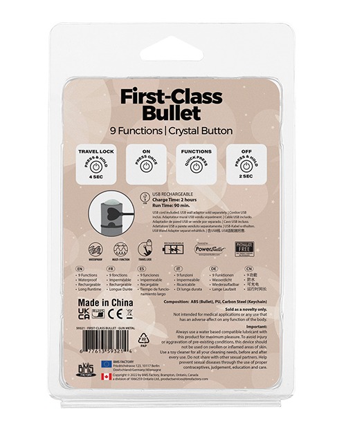 First Class Mini Rechargeable Bullet w/Crystal - 9 Functions Gun Metal - Image 2