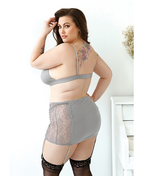 Curve Layne Lace & Microfiber Bralette w/Garter Skirt & G-String Gray 1X/2X - Image 2