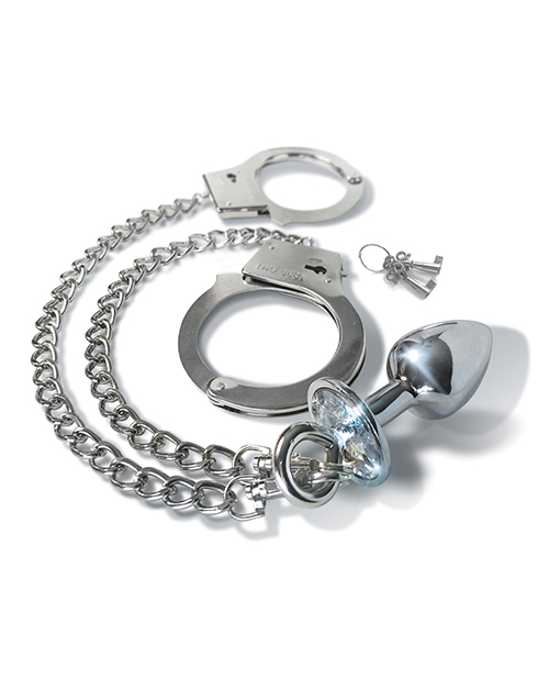 Nixie Metal Butt Plug w/Inlaid Jewel & Fur Cuff Set - Silver Metallic - Image 2