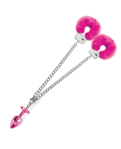 Nixie Metal Butt Plug w/Inlaid Jewel & Fur Cuff Set - Pink Metallic - Image 4
