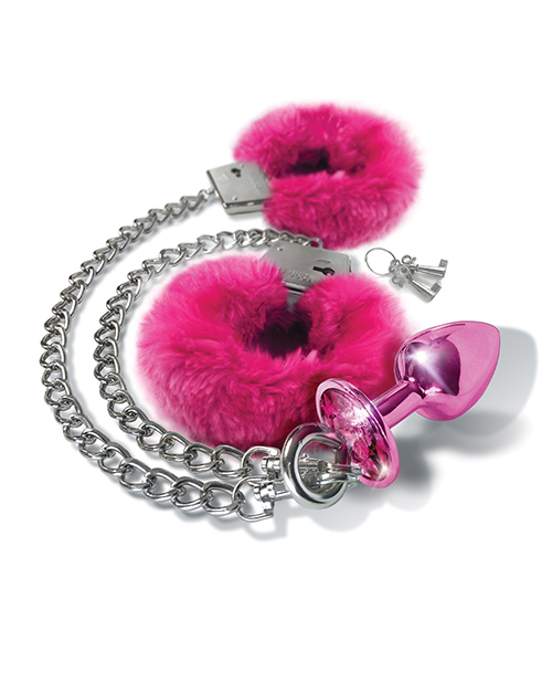 Nixie Metal Butt Plug w/Inlaid Jewel & Fur Cuff Set - Pink Metallic - Image 2
