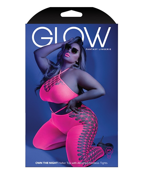 Glow Black Light Cropped Cutout Halter Bodystocking Neon Pink QN - Image 3