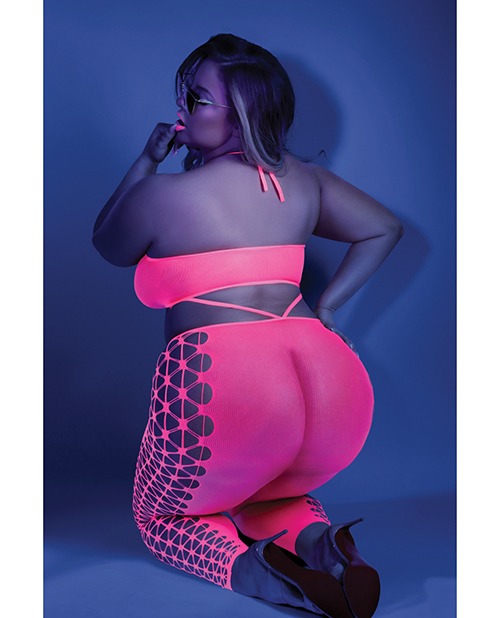 Glow Black Light Cropped Cutout Halter Bodystocking Neon Pink QN - Image 2