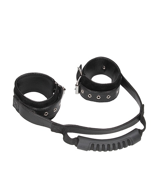 Shots Ouch Black & White Bonded Leather Hand Cuffs w/Handle - Black - Image 3