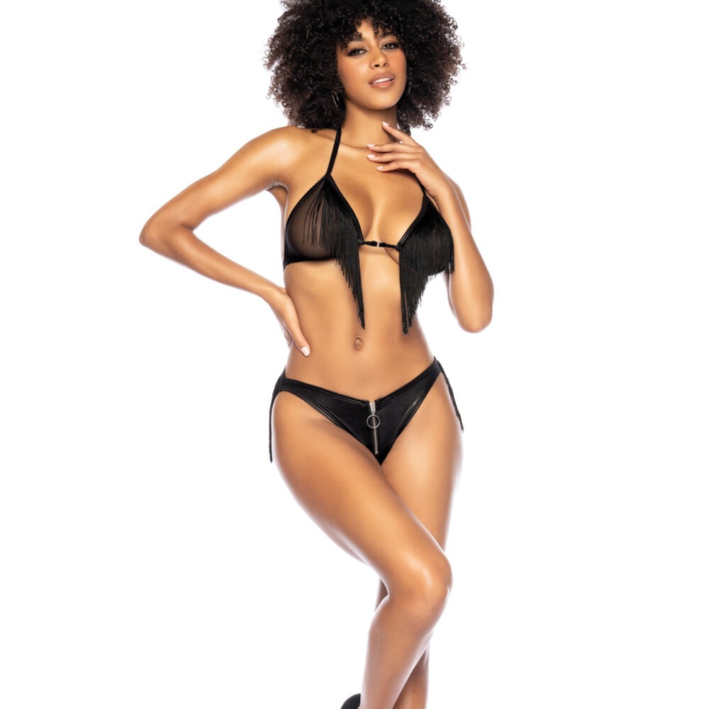 Fringe Halter Top & Open Back Bottom w/Front Zipper Black L/XL