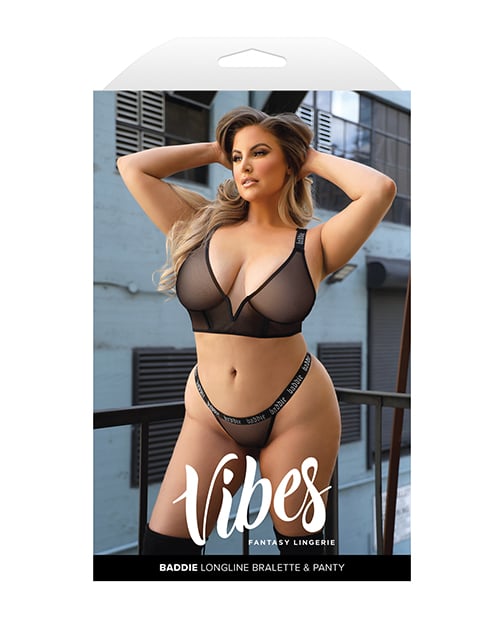 Vibes Baddie Glitter Mesh Long Line Bralette & Thong Black QN - Image 3