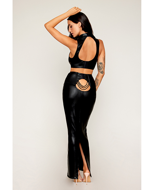 Stretch Faux Leather Harness Bra & Long Slip Skirt - Black XL - Image 2