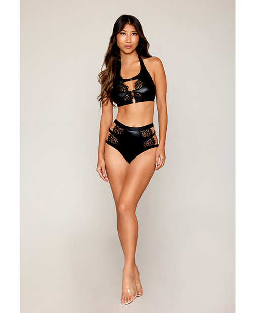 Stretch Faux Leather and Eyelash Lace Bralette w/High-Waisted Panty - Black SM - Image 2